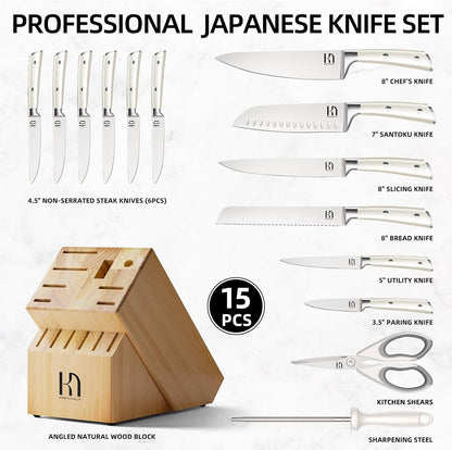 Knife Set Premium, Japanese 15 Pcs High Carbon Stainless Steel Kitchen Knife Block Set with Sharpener, Razor Sharp Knives Set for Kitchen with Natural Wood Block, Long-Lasting Edge