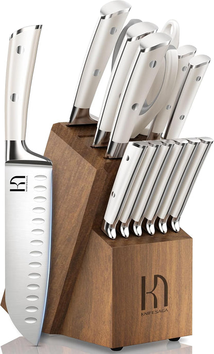 Knife Set Premium, Japanese 15 Pcs High Carbon Stainless Steel Kitchen Knife Block Set with Sharpener, Razor Sharp Knives Set for Kitchen with Natural Wood Block, Long-Lasting Edge