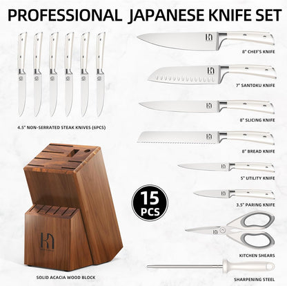 Knife Set Premium, Japanese 15 Pcs High Carbon Stainless Steel Kitchen Knife Block Set with Sharpener, Razor Sharp Knives Set for Kitchen with Natural Wood Block, Long-Lasting Edge