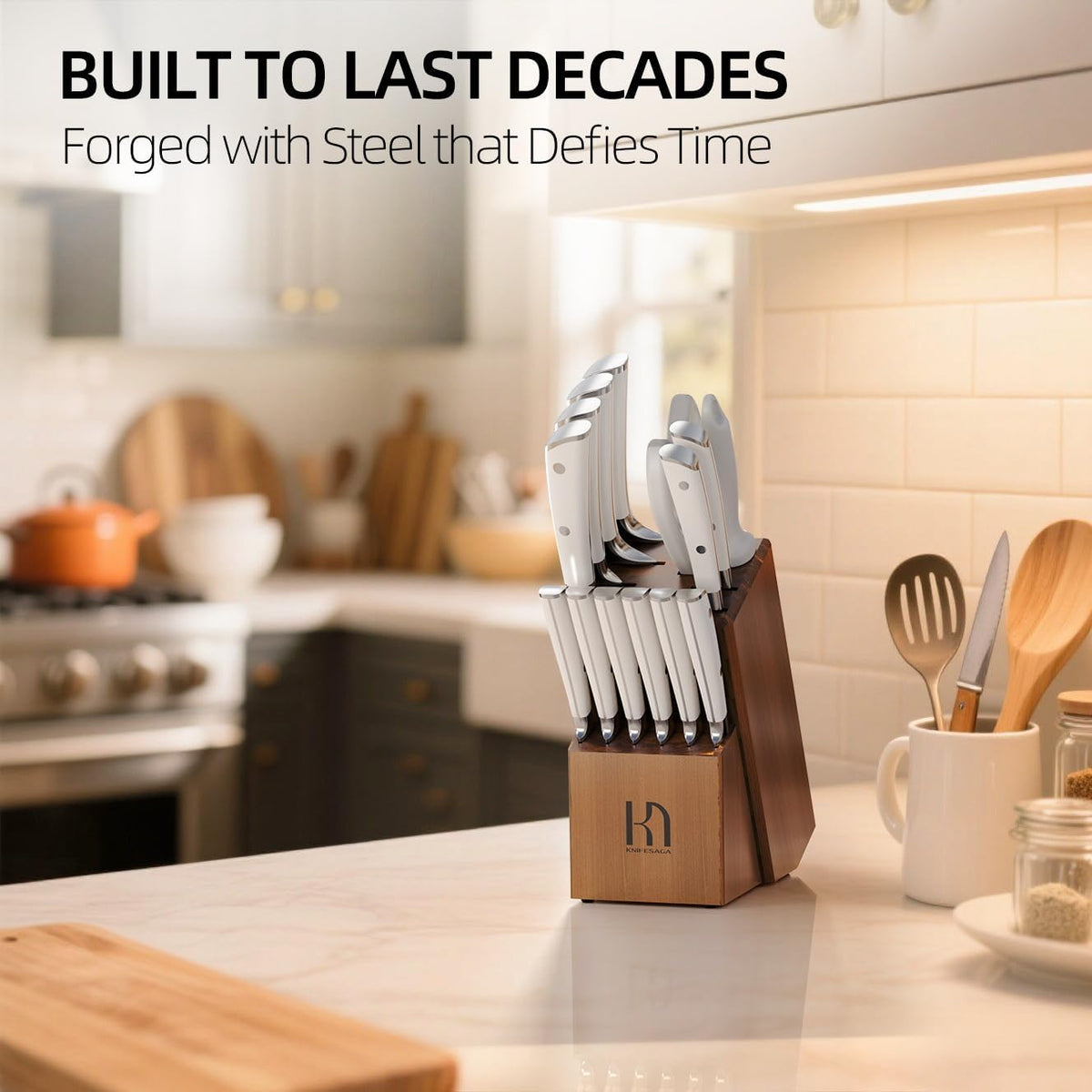 Knife Set Premium, Japanese 15 Pcs High Carbon Stainless Steel Kitchen Knife Block Set with Sharpener, Razor Sharp Knives Set for Kitchen with Natural Wood Block, Long-Lasting Edge