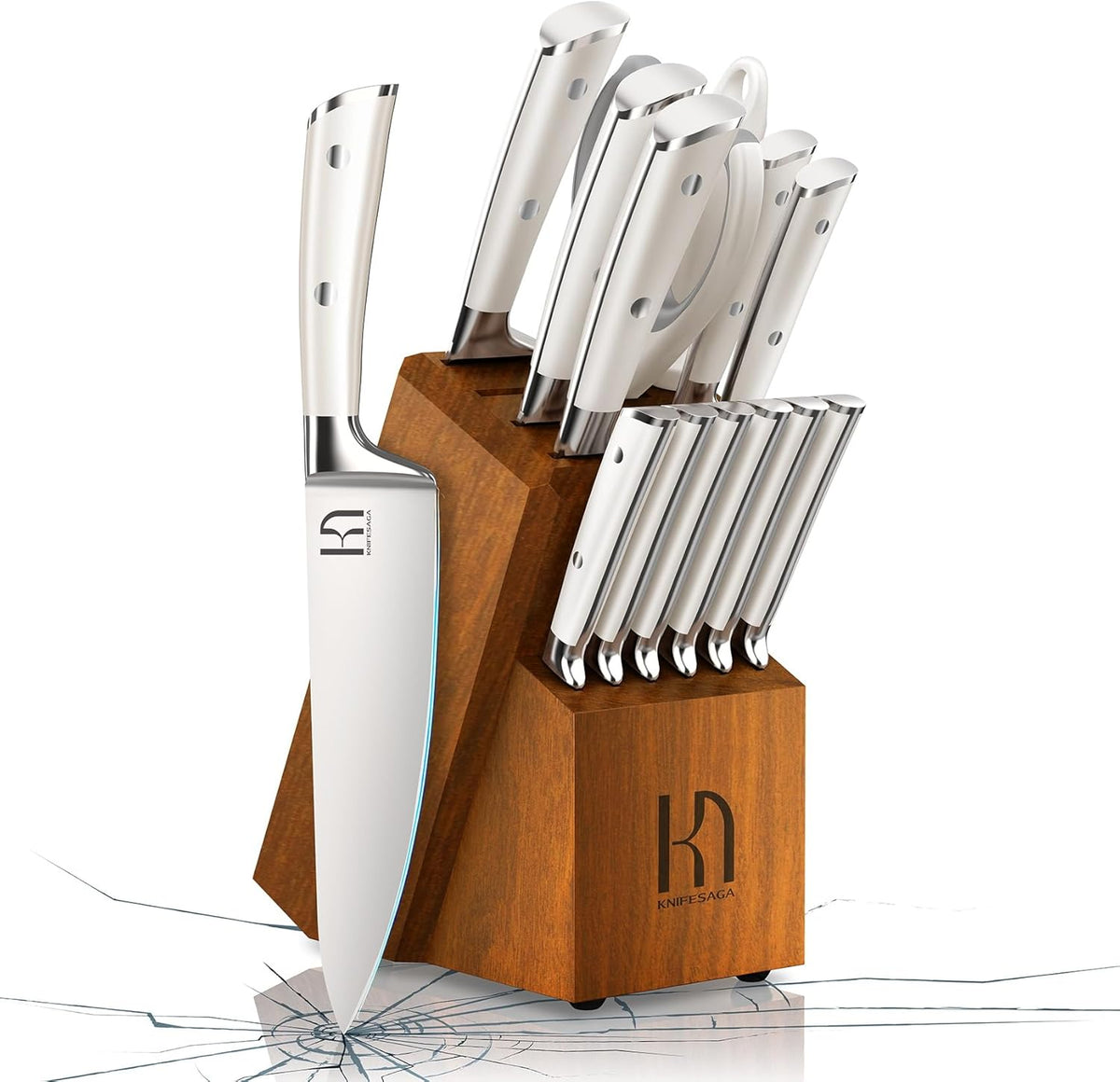 Knife Set Premium, Japanese 15 Pcs High Carbon Stainless Steel Kitchen Knife Block Set with Sharpener, Razor Sharp Knives Set for Kitchen with Natural Wood Block, Long-Lasting Edge