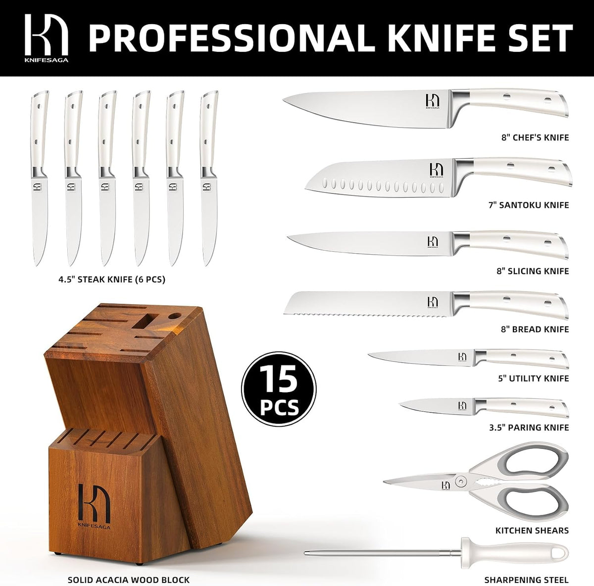Knife Set Premium, Japanese 15 Pcs High Carbon Stainless Steel Kitchen Knife Block Set with Sharpener, Razor Sharp Knives Set for Kitchen with Natural Wood Block, Long-Lasting Edge