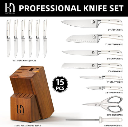 Knife Set Premium, Japanese 15 Pcs High Carbon Stainless Steel Kitchen Knife Block Set with Sharpener, Razor Sharp Knives Set for Kitchen with Natural Wood Block, Long-Lasting Edge