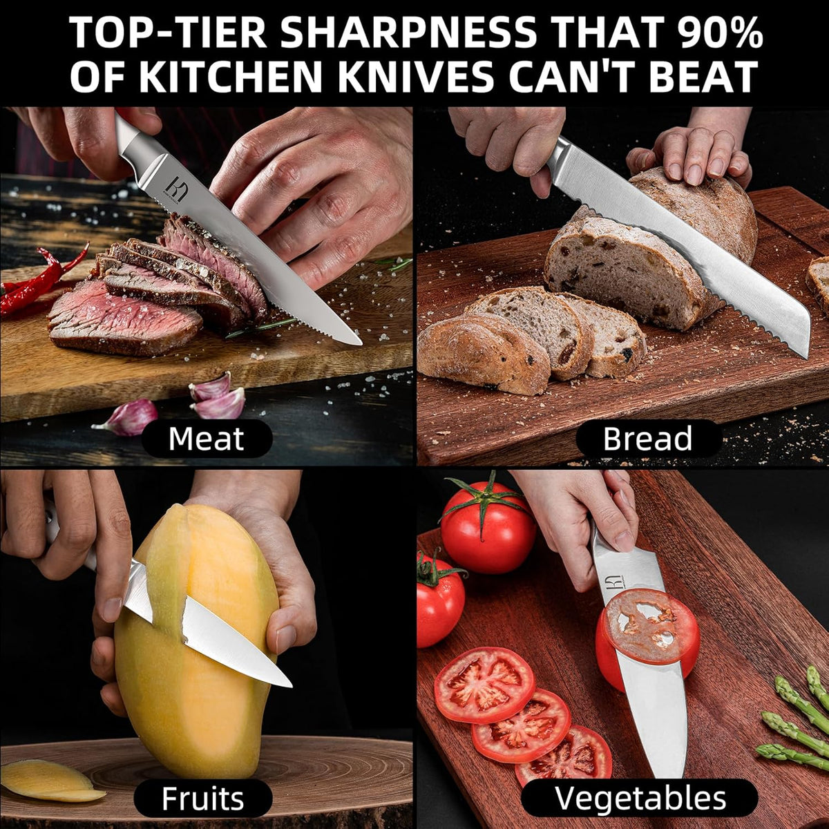 Knife Set Premium, Japanese 15 Pcs High Carbon Stainless Steel Kitchen Knife Block Set with Sharpener, Razor Sharp Knives Set for Kitchen with Natural Wood Block, Long-Lasting Edge