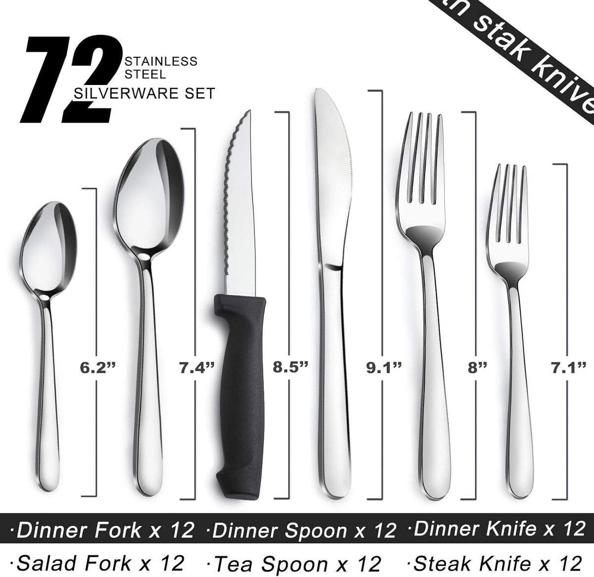 72-Pieces Silverware Set for 12, Flatware Set with Steak Knives, Stainless Steel Cutlery Set, Include Forks Spoons and Knives Set, Dishwasher Safe Utensil Sets for Home Restaurant