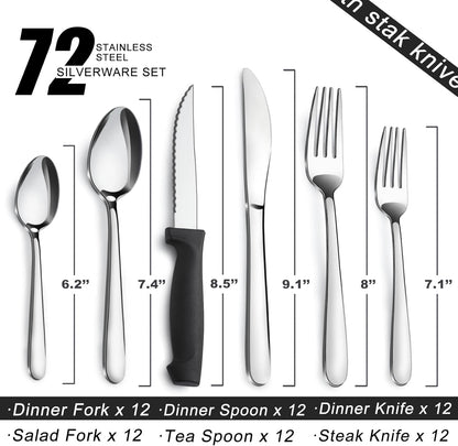 72-Pieces Silverware Set for 12, Flatware Set with Steak Knives, Stainless Steel Cutlery Set, Include Forks Spoons and Knives Set, Dishwasher Safe Utensil Sets for Home Restaurant