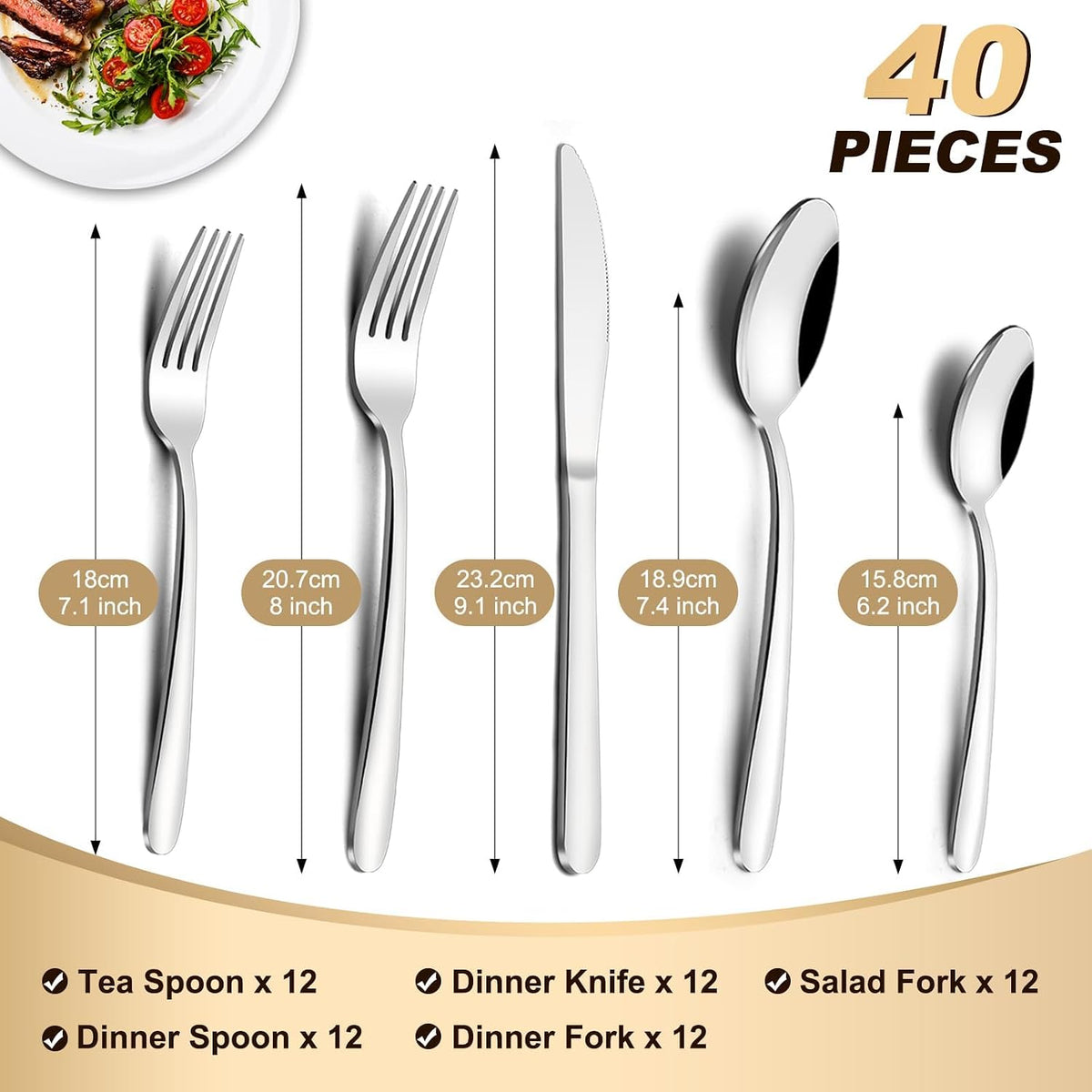72-Pieces Silverware Set for 12, Flatware Set with Steak Knives, Stainless Steel Cutlery Set, Include Forks Spoons and Knives Set, Dishwasher Safe Utensil Sets for Home Restaurant