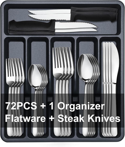 72-Pieces Silverware Set for 12, Flatware Set with Steak Knives, Stainless Steel Cutlery Set, Include Forks Spoons and Knives Set, Dishwasher Safe Utensil Sets for Home Restaurant