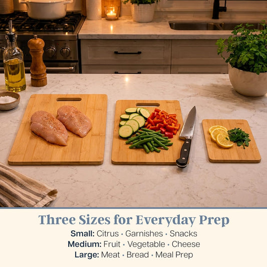 Cutting Board Set, 3 Reversible Cutting Boards for Kitchen | Small, medium & large bamboo boards for everyday meal prep. Smooth, knife-friendly surface for meat, produce, cheese & bread.