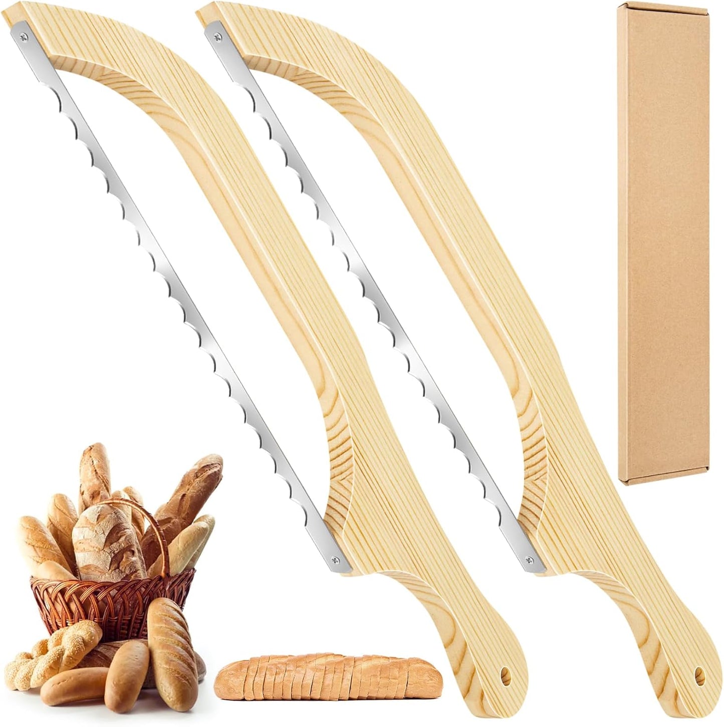 2 Pack Bread Bow Knife, Wooden Bread Slicer for Homemade Bread, Premium Stainless Steel Serrated Bread Knife for Bagels, Baguettes and More