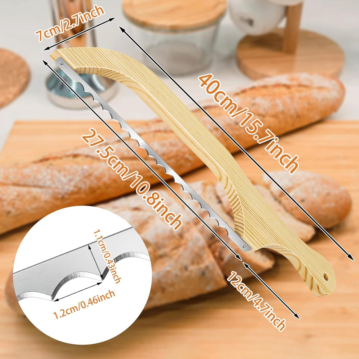 2 Pack Bread Bow Knife, Wooden Bread Slicer for Homemade Bread, Premium Stainless Steel Serrated Bread Knife for Bagels, Baguettes and More