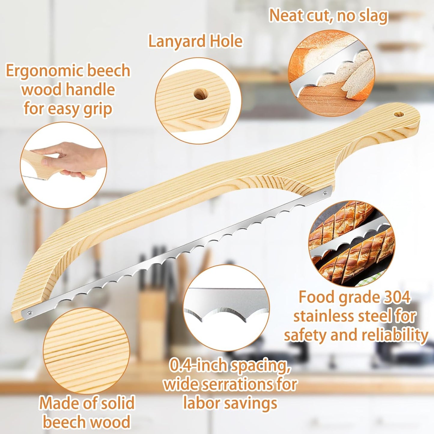 2 Pack Bread Bow Knife, Wooden Bread Slicer for Homemade Bread, Premium Stainless Steel Serrated Bread Knife for Bagels, Baguettes and More
