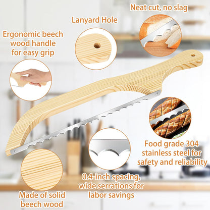 2 Pack Bread Bow Knife, Wooden Bread Slicer for Homemade Bread, Premium Stainless Steel Serrated Bread Knife for Bagels, Baguettes and More