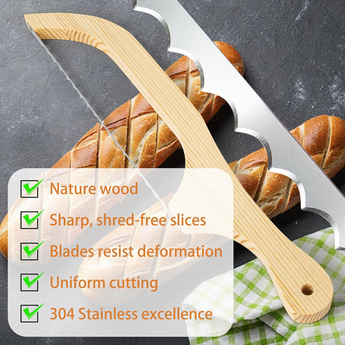 2 Pack Bread Bow Knife, Wooden Bread Slicer for Homemade Bread, Premium Stainless Steel Serrated Bread Knife for Bagels, Baguettes and More