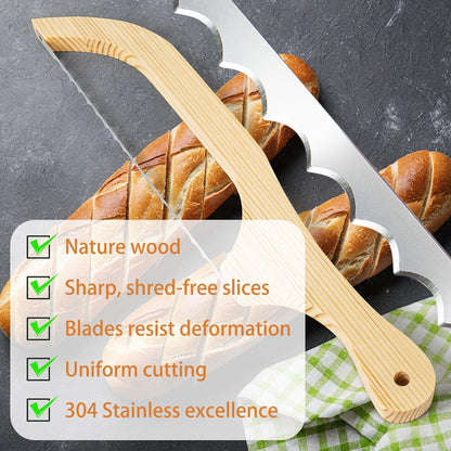 2 Pack Bread Bow Knife, Wooden Bread Slicer for Homemade Bread, Premium Stainless Steel Serrated Bread Knife for Bagels, Baguettes and More