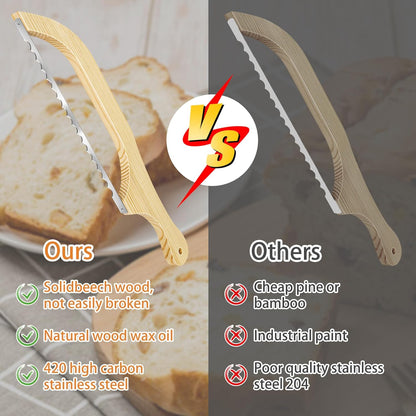2 Pack Bread Bow Knife, Wooden Bread Slicer for Homemade Bread, Premium Stainless Steel Serrated Bread Knife for Bagels, Baguettes and More