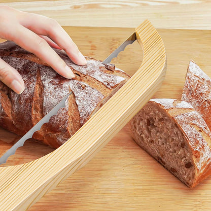 2 Pack Bread Bow Knife, Wooden Bread Slicer for Homemade Bread, Premium Stainless Steel Serrated Bread Knife for Bagels, Baguettes and More