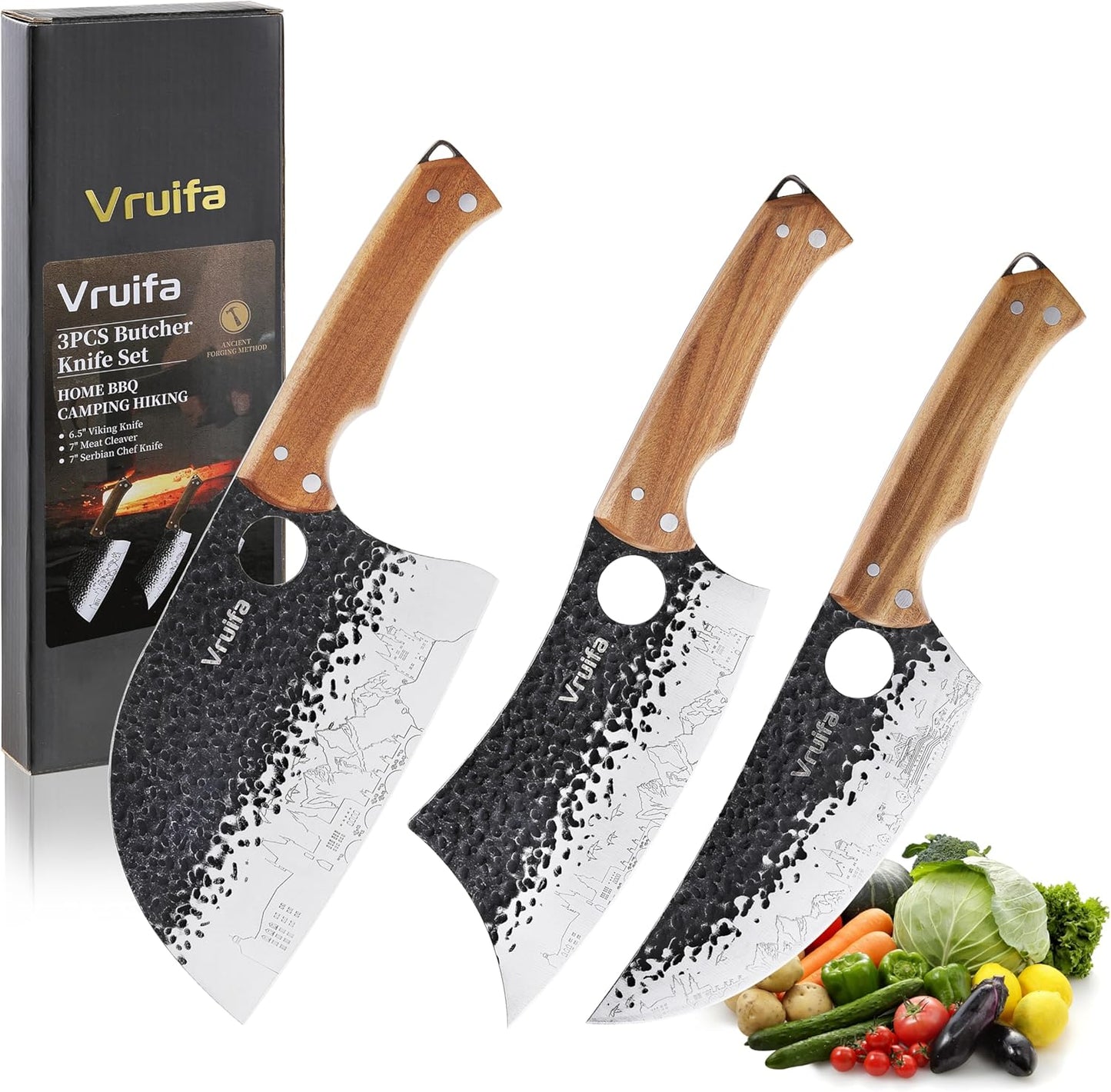 Butcher Knife Set, Hand Forged Kitchen Knife Set for Home,BBQ, and Camping | Serbian, Meat Cleaver, Viking, Premium Stainless Steel Blades, Ergonomic Wooden Handle