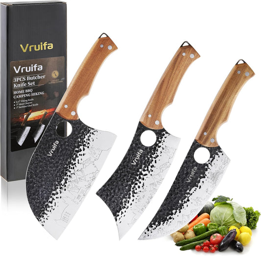 Butcher Knife Set, Hand Forged Kitchen Knife Set for Home,BBQ, and Camping | Serbian, Meat Cleaver, Viking, Premium Stainless Steel Blades, Ergonomic Wooden Handle