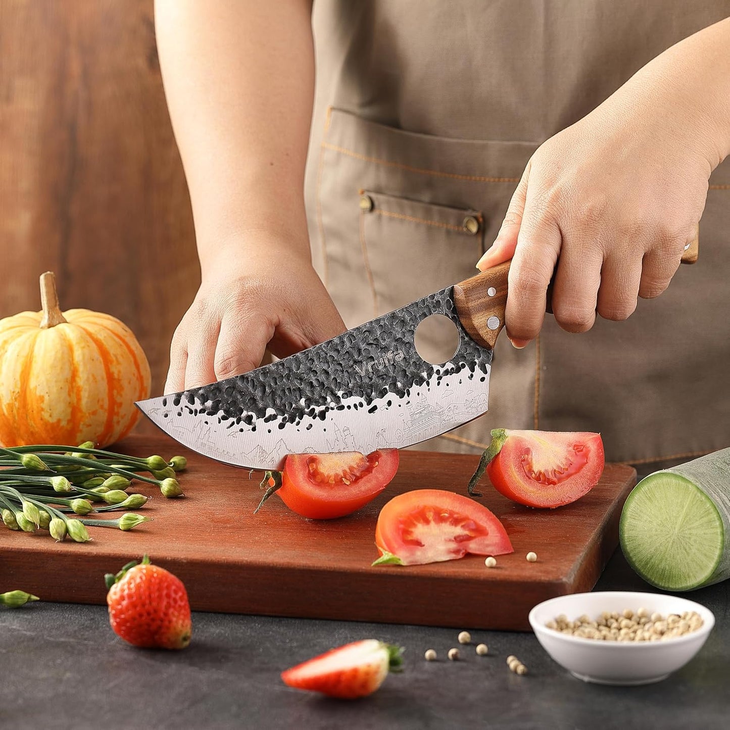 Butcher Knife Set, Hand Forged Kitchen Knife Set for Home,BBQ, and Camping | Serbian, Meat Cleaver, Viking, Premium Stainless Steel Blades, Ergonomic Wooden Handle