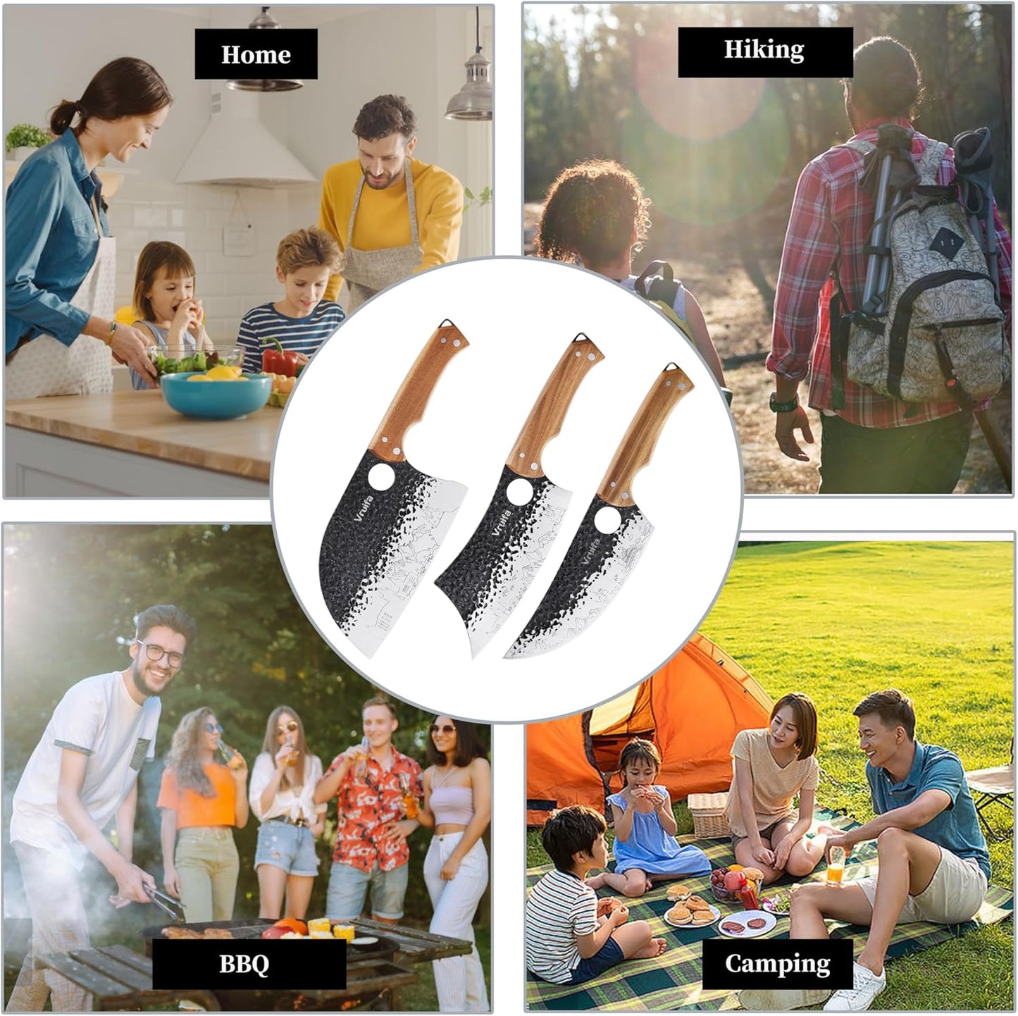 Butcher Knife Set, Hand Forged Kitchen Knife Set for Home,BBQ, and Camping | Serbian, Meat Cleaver, Viking, Premium Stainless Steel Blades, Ergonomic Wooden Handle