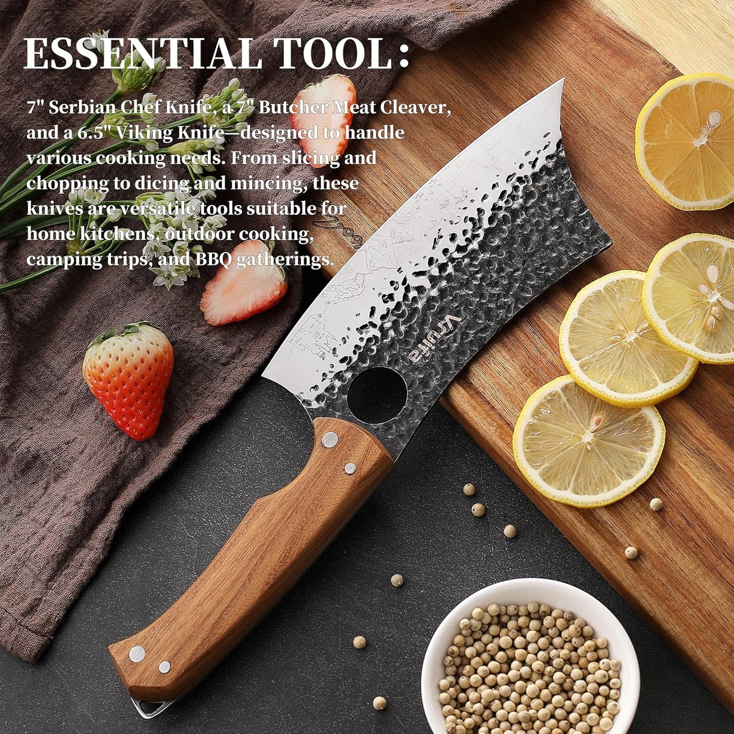 Butcher Knife Set, Hand Forged Kitchen Knife Set for Home,BBQ, and Camping | Serbian, Meat Cleaver, Viking, Premium Stainless Steel Blades, Ergonomic Wooden Handle