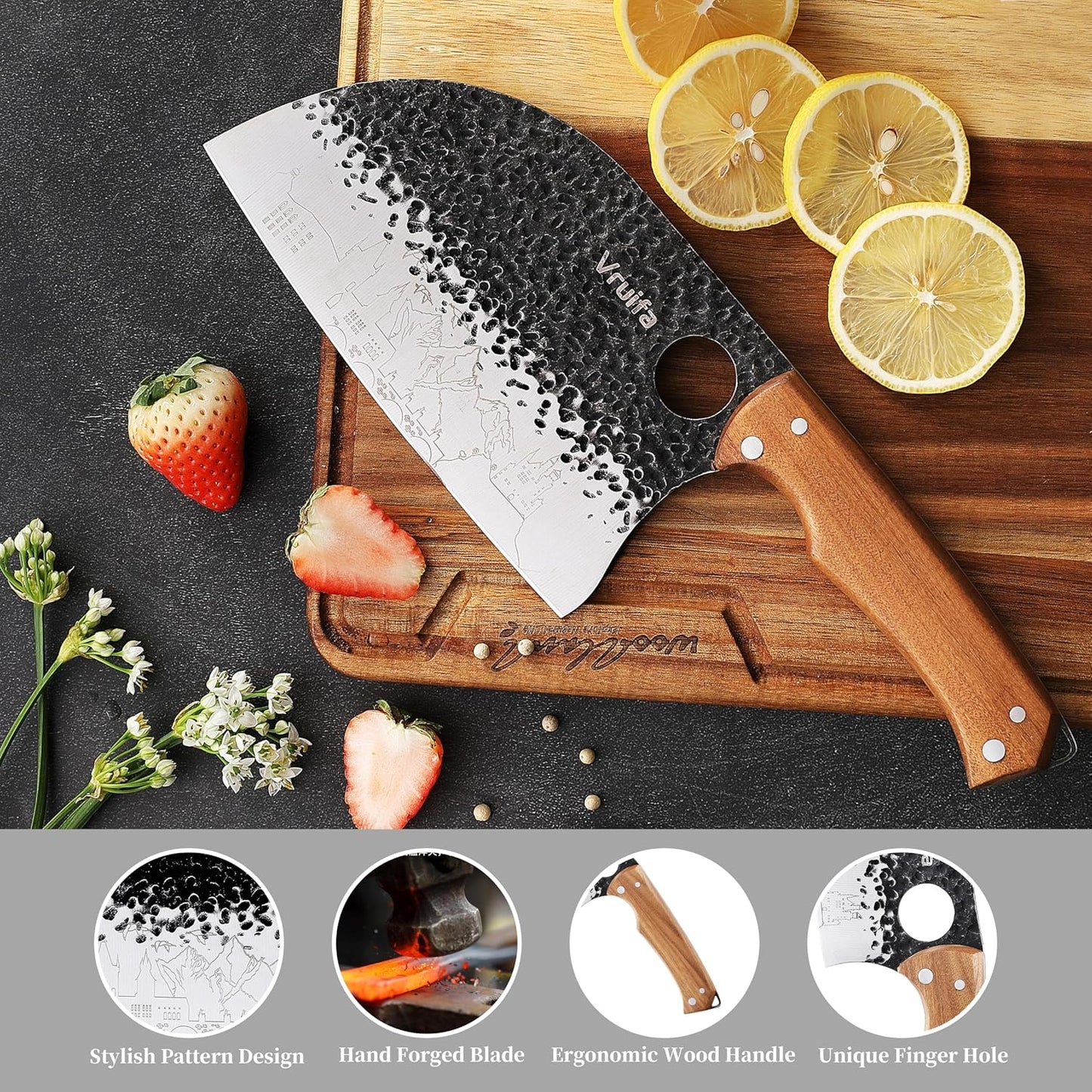 Butcher Knife Set, Hand Forged Kitchen Knife Set for Home,BBQ, and Camping | Serbian, Meat Cleaver, Viking, Premium Stainless Steel Blades, Ergonomic Wooden Handle