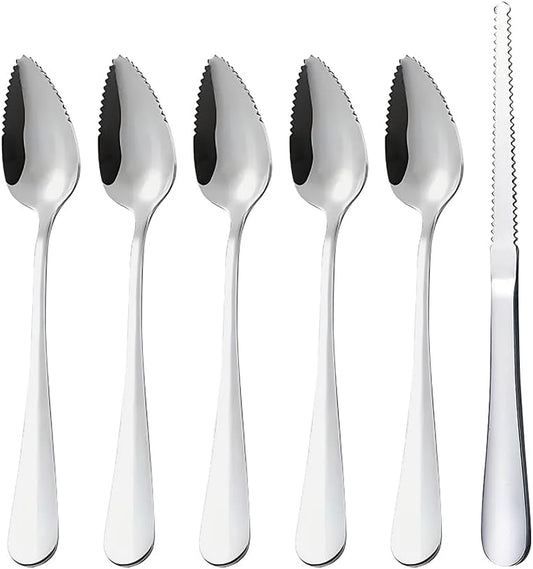 6 Pcs Grapefruit Spoon and Knife Set Fruit Scooping Spoons Stainless Steel Grapefruit Knife Serrated Edges Spoons Metal Dessert Spoon Fruit Cutting Utensils Set for Oranges Kiwi