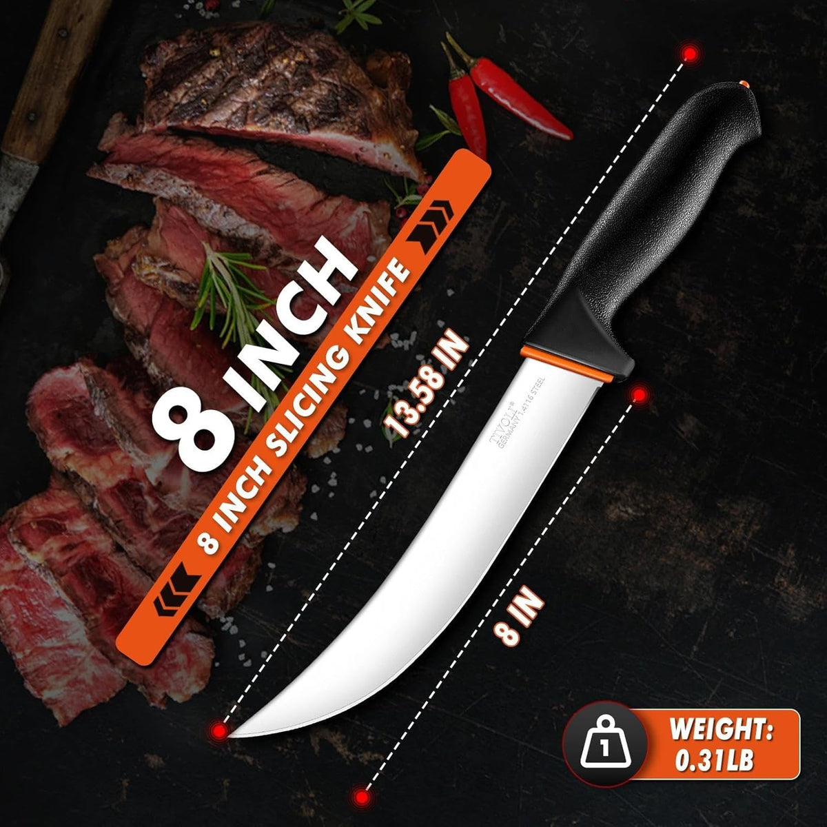Slicing Knife 9.5 Inch - Brisket Knife with Non-Slip Softgrip | High Carbon Stainless Steel, Ergonomic Non-slip Rubber Handle, Gift Box, Anti-fouling, Easy to Clean