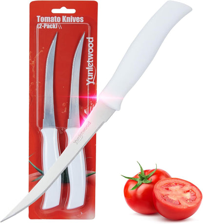 Tomato Knife 3rd Gen 2-Pack, Serrated Stainless Steel Blade, Ergonomic Handle, Precise Cuts for Tomatoes/Fruits/Veggies (White)