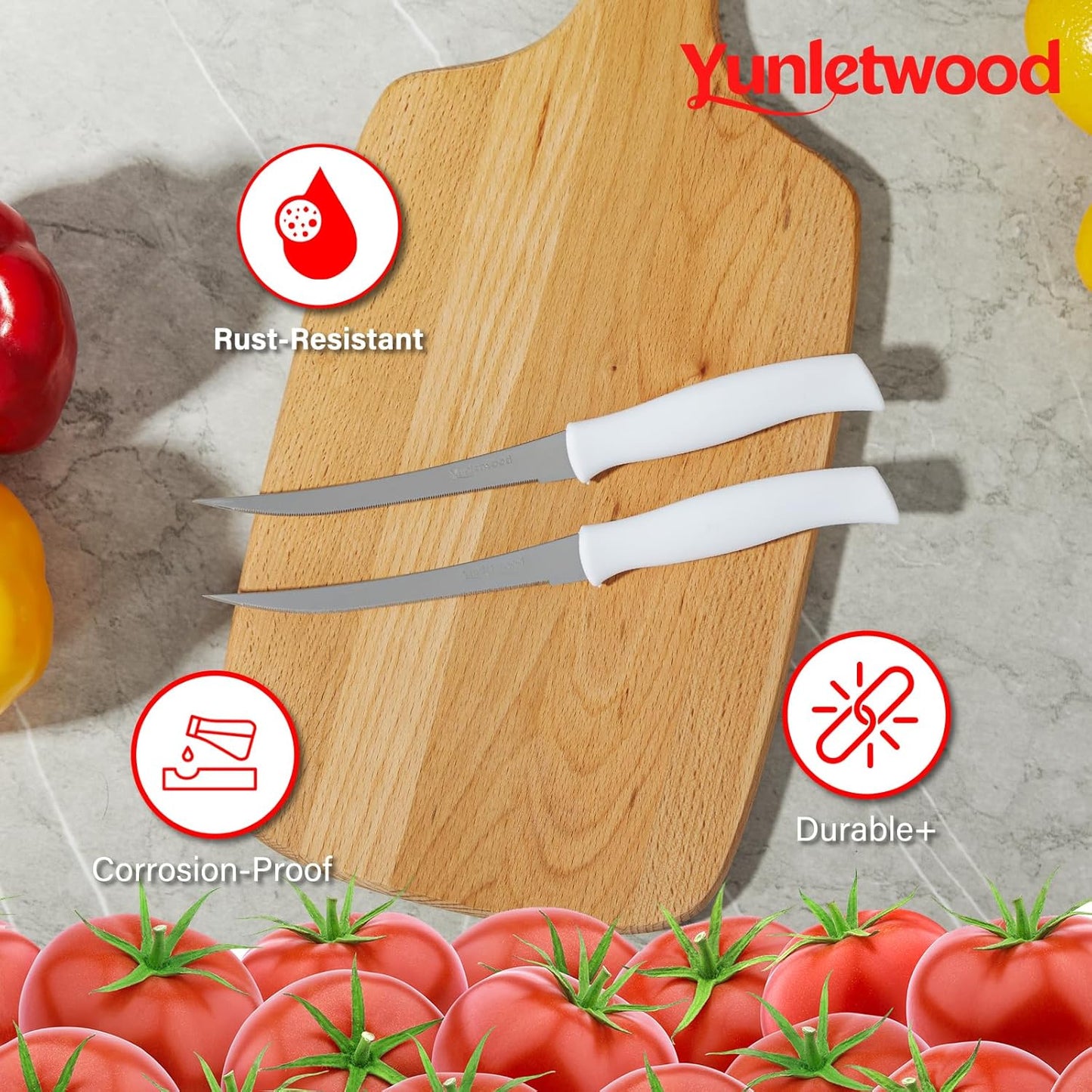 Tomato Knife 3rd Gen 2-Pack, Serrated Stainless Steel Blade, Ergonomic Handle, Precise Cuts for Tomatoes/Fruits/Veggies (White)