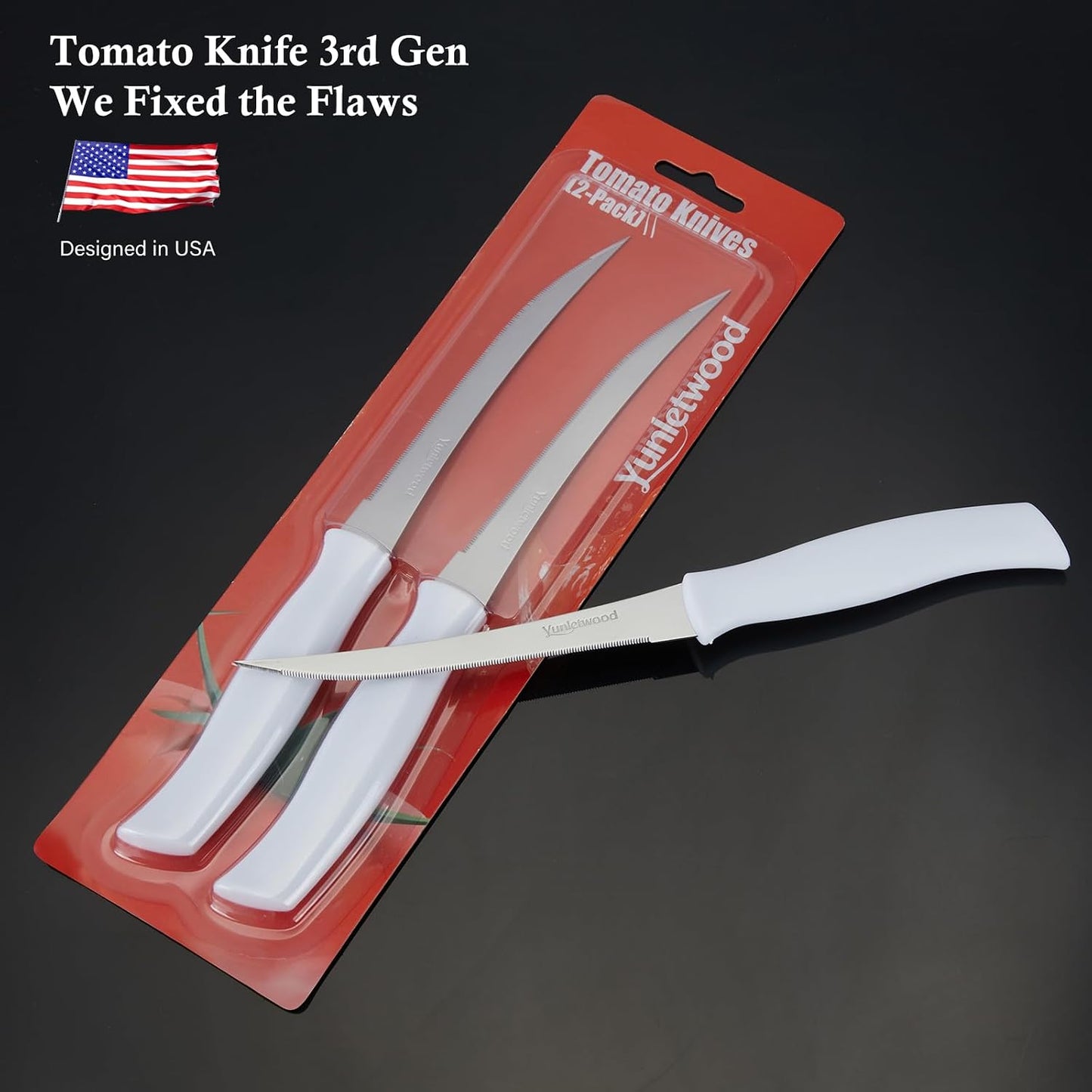 Tomato Knife 3rd Gen 2-Pack, Serrated Stainless Steel Blade, Ergonomic Handle, Precise Cuts for Tomatoes/Fruits/Veggies (White)