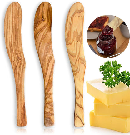 Olive Wood Butter Spreader,6.8 Inch Handmade Butter Knife Set of 3 | Olive wooden spreader for spreading butter, cheese, peanut butter on sandwiches, great for daily breakfast & camping meals.