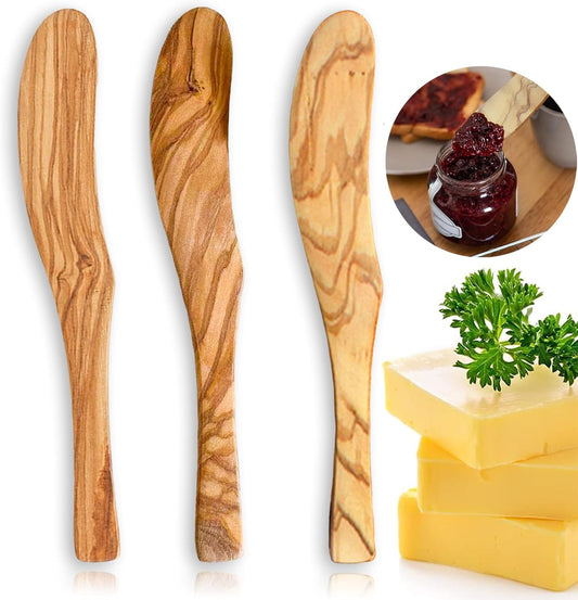 Olive Wood Butter Spreader,6.8 Inch Handmade Butter Knife Set of 3 | Olive wooden spreader for spreading butter, cheese, peanut butter on sandwiches, great for daily breakfast & camping meals.
