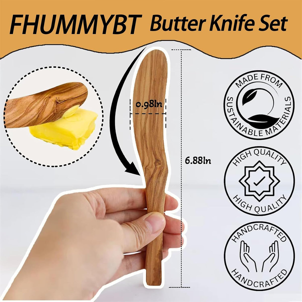 Olive Wood Butter Spreader,6.8 Inch Handmade Butter Knife Set of 3 | Olive wooden spreader for spreading butter, cheese, peanut butter on sandwiches, great for daily breakfast & camping meals.