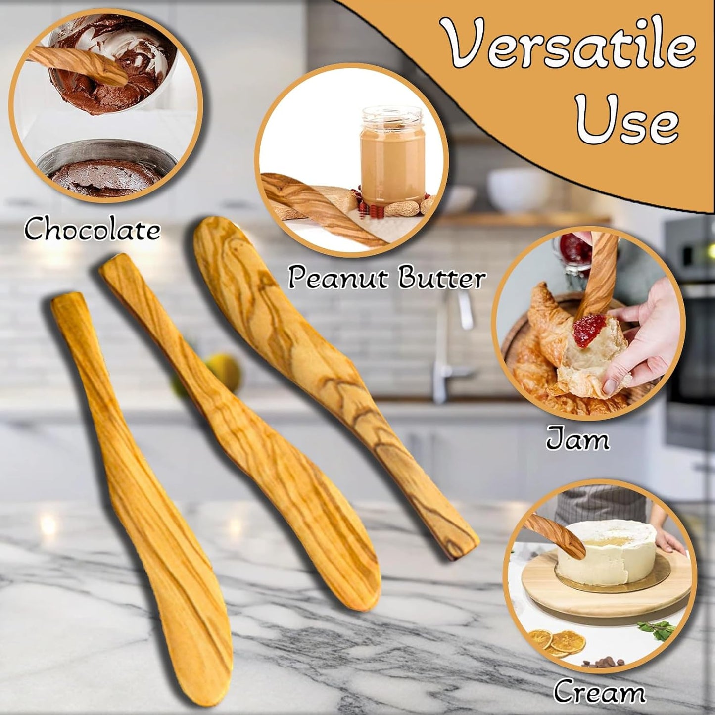 Olive Wood Butter Spreader,6.8 Inch Handmade Butter Knife Set of 3 | Olive wooden spreader for spreading butter, cheese, peanut butter on sandwiches, great for daily breakfast & camping meals.