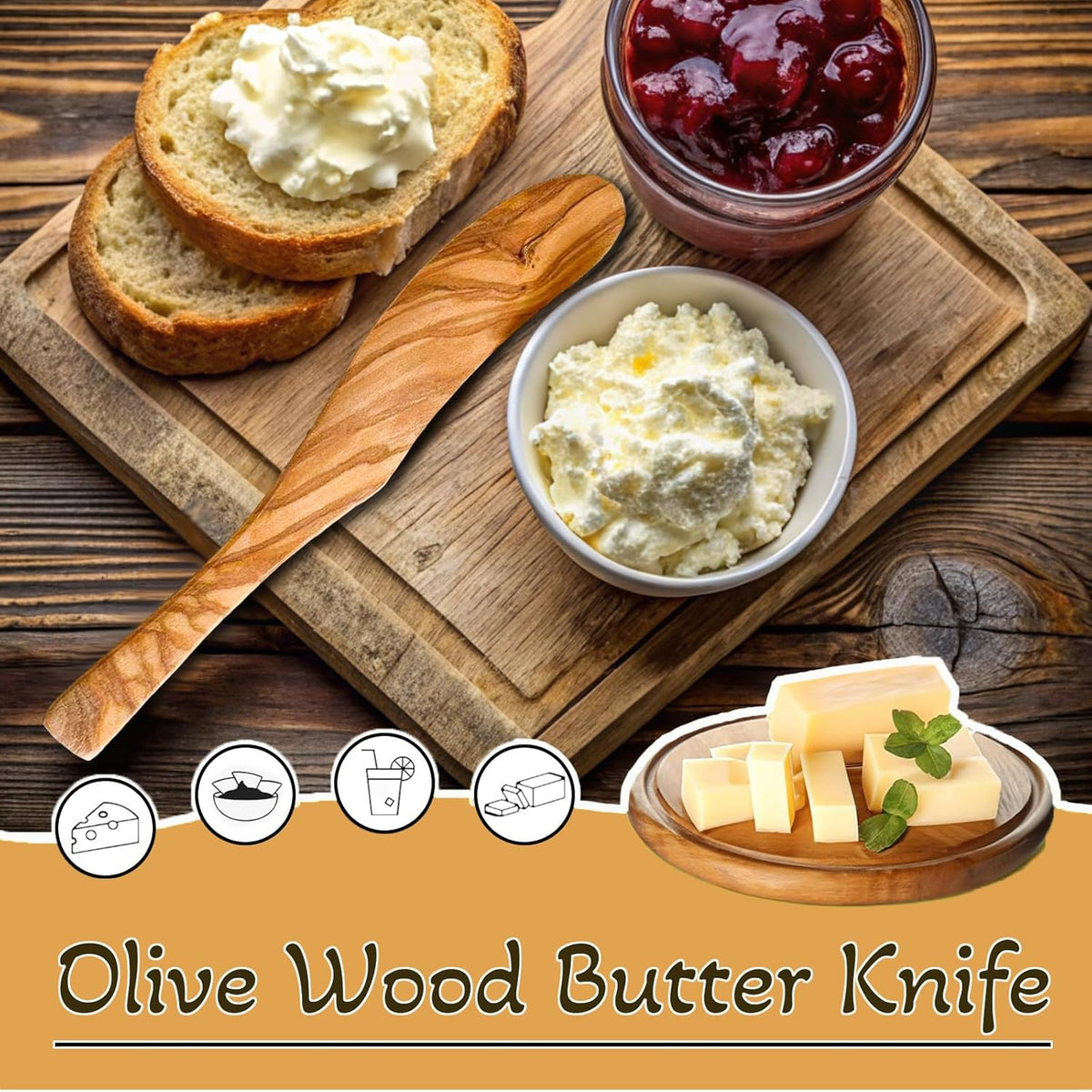 Olive Wood Butter Spreader,6.8 Inch Handmade Butter Knife Set of 3 | Olive wooden spreader for spreading butter, cheese, peanut butter on sandwiches, great for daily breakfast & camping meals.
