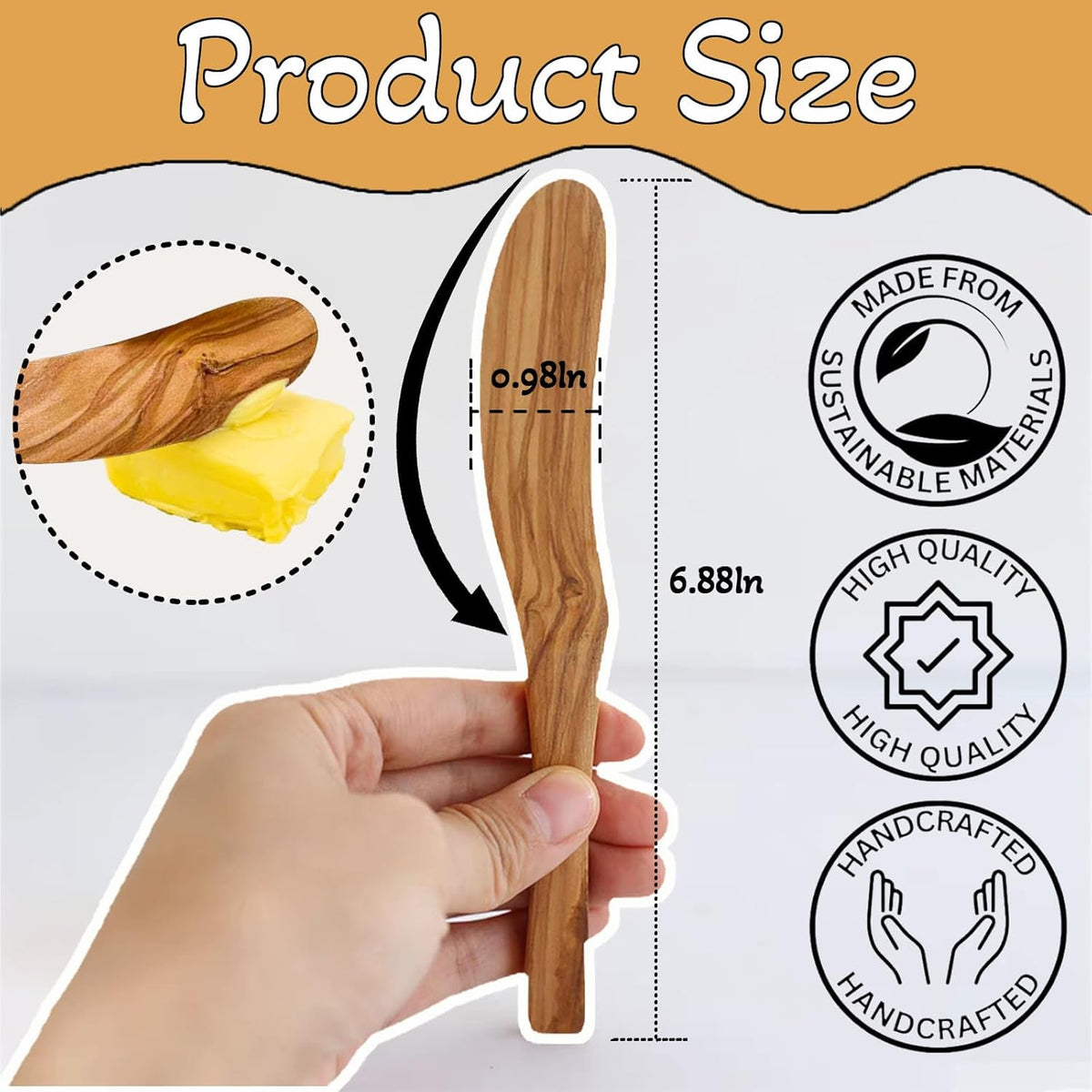 Olive Wood Butter Spreader,6.8 Inch Handmade Butter Knife Set of 3 | Olive wooden spreader for spreading butter, cheese, peanut butter on sandwiches, great for daily breakfast & camping meals.