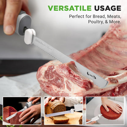 NutriChef Cordless Electric Knife | Easy to Use Constant ON/OFF Safety Function Button | Carve Turkey, Meats, Poultry, Bread, Cheese & More | Lightweight with Contoured Grip Handle | White & Grey