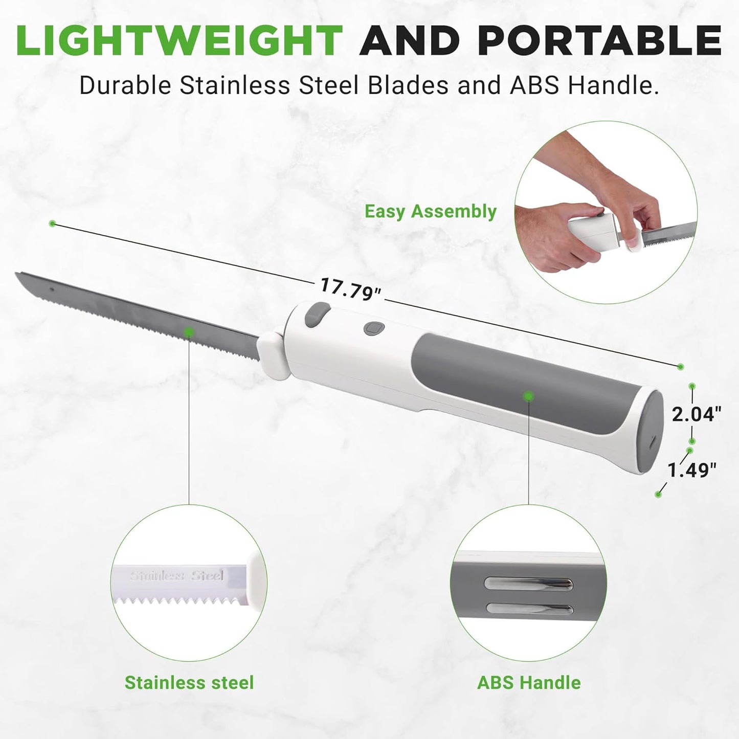 NutriChef Cordless Electric Knife | Easy to Use Constant ON/OFF Safety Function Button | Carve Turkey, Meats, Poultry, Bread, Cheese & More | Lightweight with Contoured Grip Handle | White & Grey