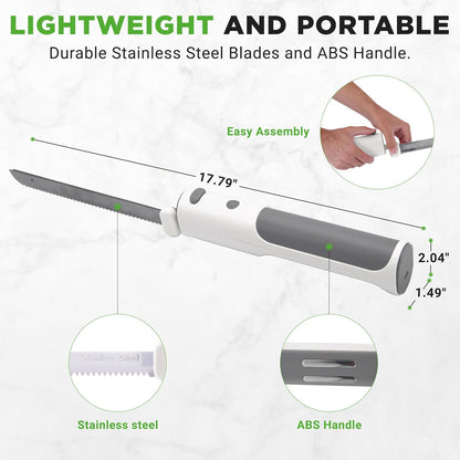 NutriChef Cordless Electric Knife | Easy to Use Constant ON/OFF Safety Function Button | Carve Turkey, Meats, Poultry, Bread, Cheese & More | Lightweight with Contoured Grip Handle | White & Grey
