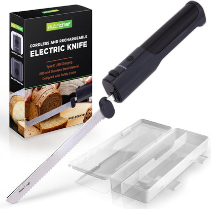 NutriChef Cordless Electric Knife | Easy to Use Constant ON/OFF Safety Function Button | Carve Turkey, Meats, Poultry, Bread, Cheese & More | Lightweight with Contoured Grip Handle | White & Grey