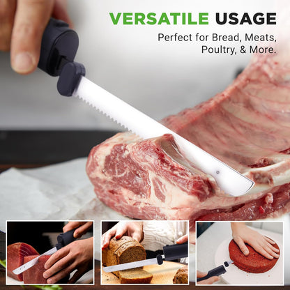 NutriChef Cordless Electric Knife | Easy to Use Constant ON/OFF Safety Function Button | Carve Turkey, Meats, Poultry, Bread, Cheese & More | Lightweight with Contoured Grip Handle | White & Grey