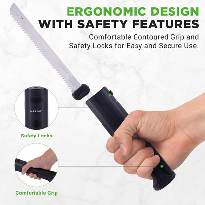 NutriChef Cordless Electric Knife | Easy to Use Constant ON/OFF Safety Function Button | Carve Turkey, Meats, Poultry, Bread, Cheese & More | Lightweight with Contoured Grip Handle | White & Grey