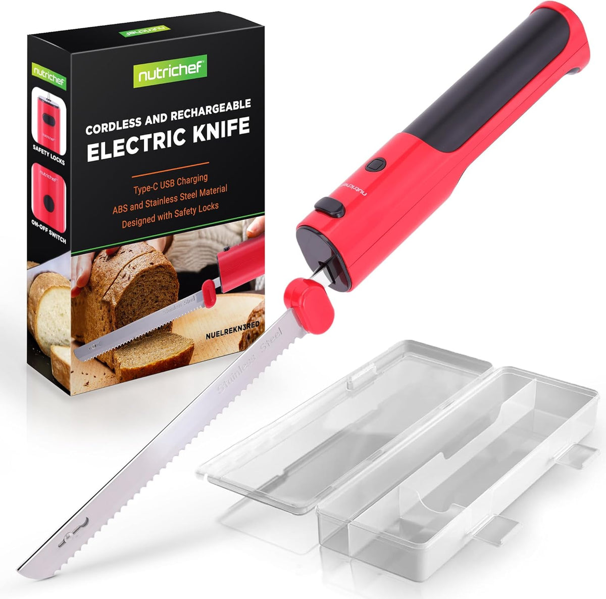 NutriChef Cordless Electric Knife | Easy to Use Constant ON/OFF Safety Function Button | Carve Turkey, Meats, Poultry, Bread, Cheese & More | Lightweight with Contoured Grip Handle | White & Grey