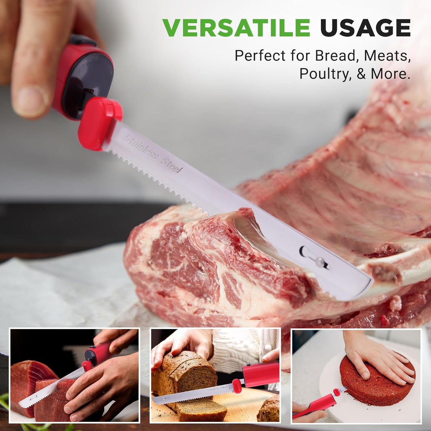 NutriChef Cordless Electric Knife | Easy to Use Constant ON/OFF Safety Function Button | Carve Turkey, Meats, Poultry, Bread, Cheese & More | Lightweight with Contoured Grip Handle | White & Grey