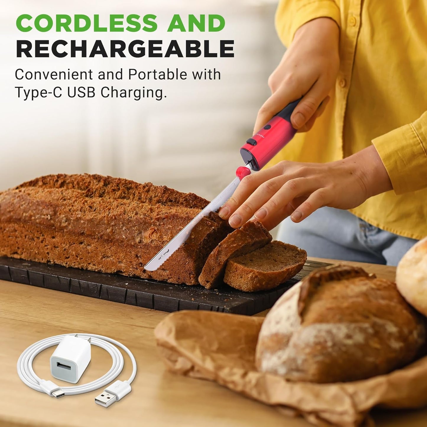 NutriChef Cordless Electric Knife | Easy to Use Constant ON/OFF Safety Function Button | Carve Turkey, Meats, Poultry, Bread, Cheese & More | Lightweight with Contoured Grip Handle | White & Grey
