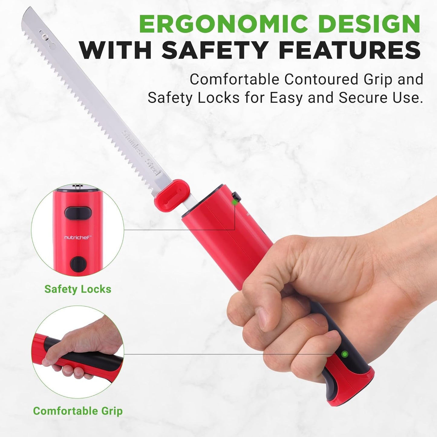 NutriChef Cordless Electric Knife | Easy to Use Constant ON/OFF Safety Function Button | Carve Turkey, Meats, Poultry, Bread, Cheese & More | Lightweight with Contoured Grip Handle | White & Grey