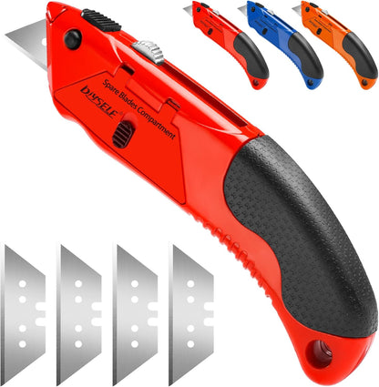 1 Pack Utility Knife Box Cutter Heavy Duty with 4 Pcs Sharp Blades | Box Cutter Retractable for Cutting Cartons, Cardboard, Boxes, Carpet, Razor Knife, Storage Space in Handle