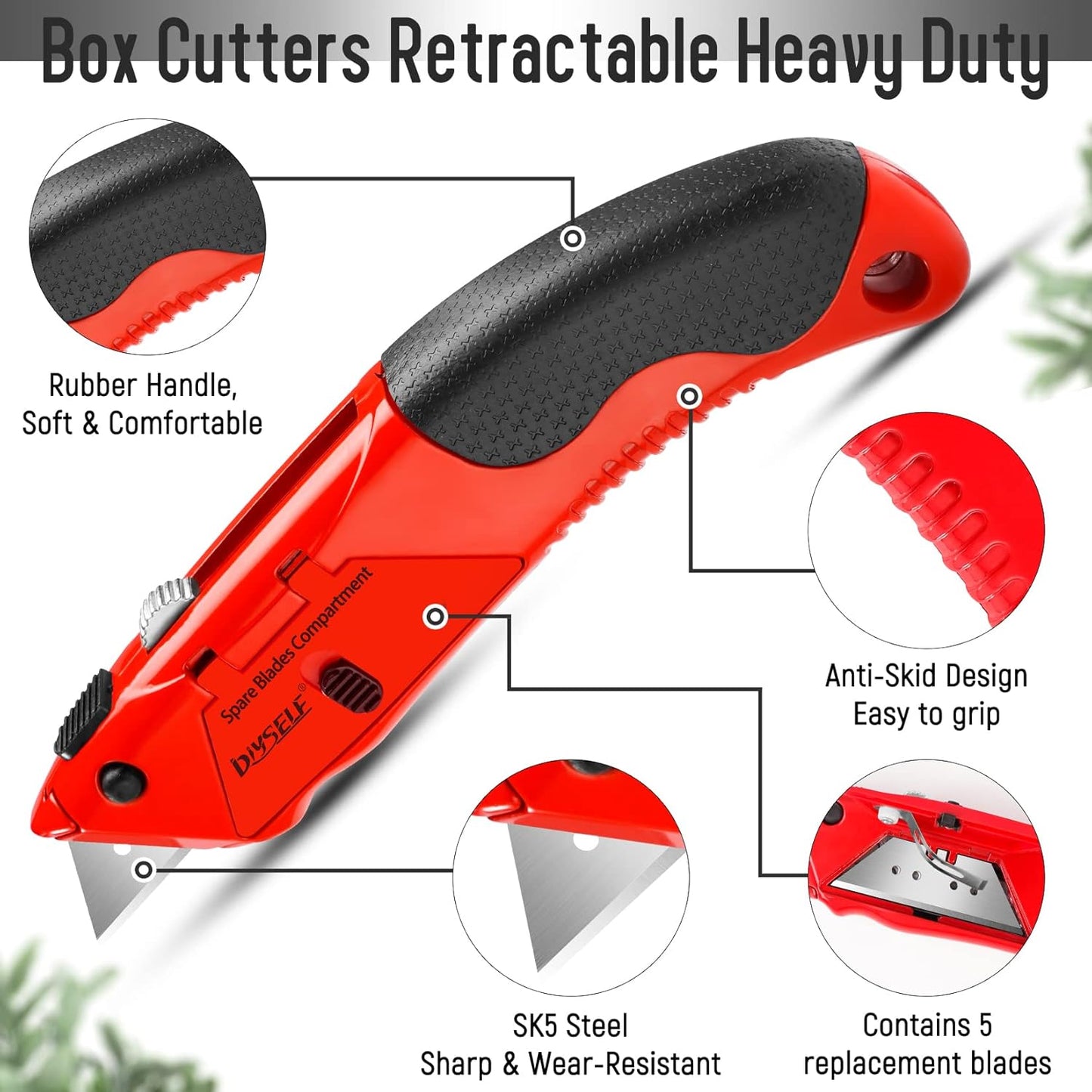 1 Pack Utility Knife Box Cutter Heavy Duty with 4 Pcs Sharp Blades | Box Cutter Retractable for Cutting Cartons, Cardboard, Boxes, Carpet, Razor Knife, Storage Space in Handle